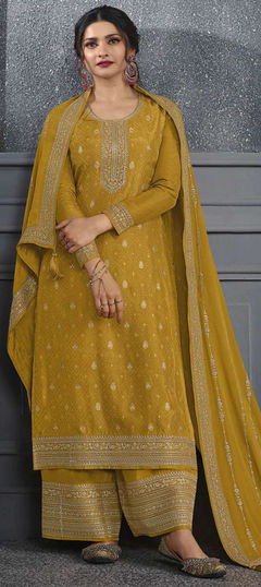 Bollywood Gold color Salwar Kameez in Dolla Silk fabric with Palazzo, Straight Embroidered, Sequence, Thread work : 1874754