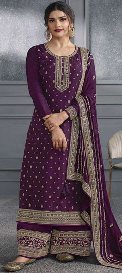 Bollywood Purple and Violet color Salwar Kameez in Dolla Silk fabric with Palazzo, Straight Embroidered, Sequence, Thread work : 1874761