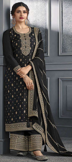 Black and Grey color Salwar Kameez in Dolla Silk fabric with Embroidered, Sequence, Thread work