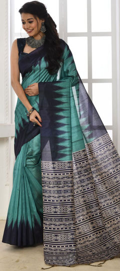 Blue color Saree in Silk, Tussar Silk fabric with Printed work