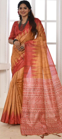 Beige and Brown color Saree in Silk, Tussar Silk fabric with Printed work