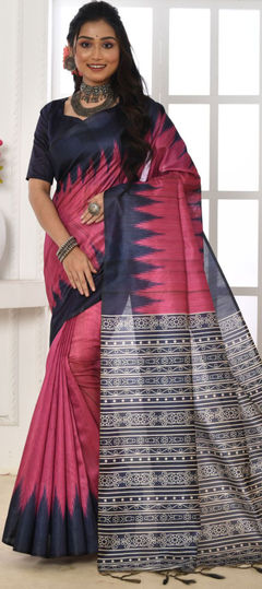 Pink and Majenta color Saree in Silk, Tussar Silk fabric with Printed work