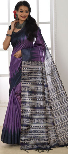Purple and Violet color Saree in Silk, Tussar Silk fabric with Printed work