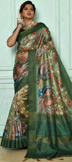 Casual, Traditional Green color Saree in Art Silk, Silk fabric with South Floral, Printed work : 1874822