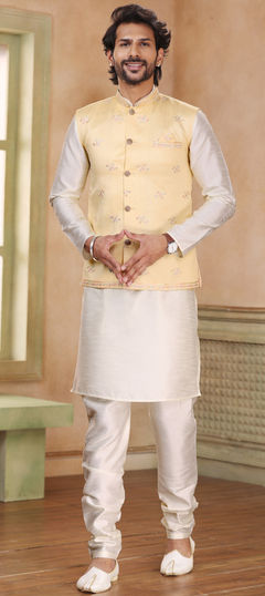 Party Wear White and Off White color Kurta Pyjama with Jacket in Art Silk fabric with Sequence, Thread work : 1874903