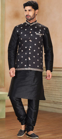 Party Wear Black and Grey color Kurta Pyjama with Jacket in Art Silk fabric with Sequence, Thread work : 1874912