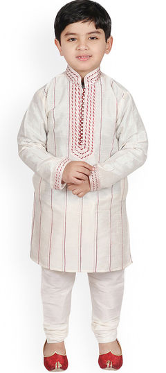 White and Off White color Boys Kurta Pyjama in Dupion Silk fabric with Resham, Thread work