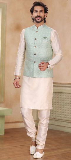 Beige and Brown color Kurta Pyjama with Jacket in Art Silk fabric with Sequence, Thread work