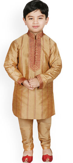 Gold color Boys Kurta Pyjama in Dupion Silk fabric with Resham, Thread work