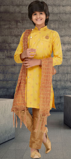 Yellow color Boys Kurta Pyjama in Cotton fabric with Printed work