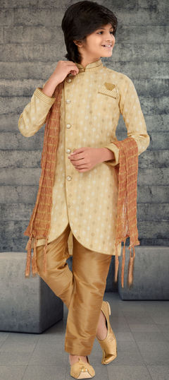 Gold color Boys Kurta Pyjama in Cotton fabric with Printed work