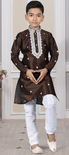 Party Wear Beige and Brown color Boys Kurta Pyjama in Art Silk fabric with Embroidered work : 1875274