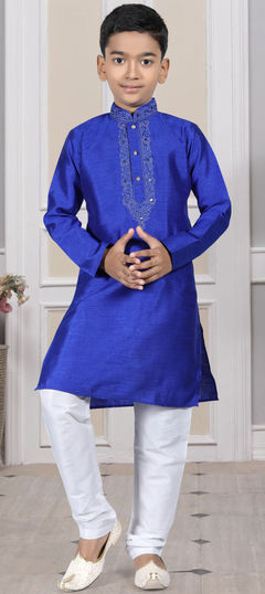 Blue color Boys Kurta Pyjama in Art Silk fabric with Embroidered work