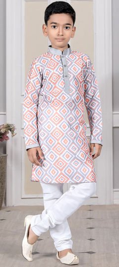 Party Wear Black and Grey color Boys Kurta Pyjama in Art Silk fabric with Embroidered work : 1875280