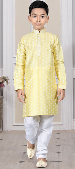 Party Wear Yellow color Boys Kurta Pyjama in Art Silk fabric with Embroidered work : 1875283