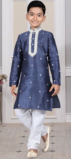 Party Wear Blue color Boys Kurta Pyjama in Art Silk fabric with Embroidered work : 1875284