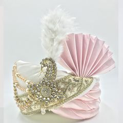 Wedding Pink and Majenta, White and Off White color Turban in Satin Silk fabric with Sequence, Thread, Zari work : 1875314