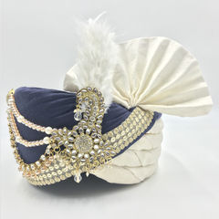 Wedding Blue, White and Off White color Turban in Polyester Silk fabric with Sequence, Thread, Zari work : 1875317