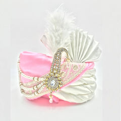 Pink and Majenta, White and Off White color Turban in Satin Silk fabric with Resham, Thread work