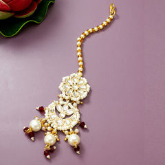 Gold Rodium Polish Red and Maroon color Mang Tikka in Metal Alloy studded with Beads, Kundan, Pearl