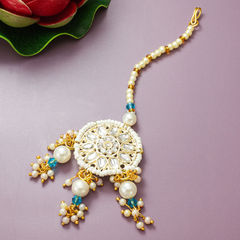Gold Rodium Polish Blue, White and Off White color Mang Tikka in Metal Alloy studded with Beads, Kundan, Pearl