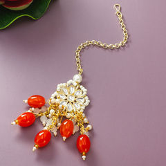 Gold Rodium Polish Orange color Mang Tikka in Metal Alloy studded with Beads, Kundan, Pearl