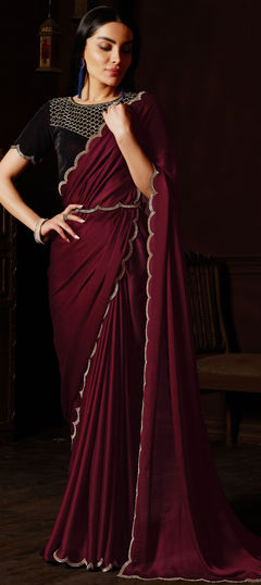 Engagement, Party Wear, Reception Red and Maroon color Saree in Chiffon fabric with Classic Stone work : 1875713