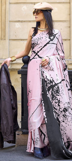 Black and Grey, Pink and Majenta color Saree in Crepe Silk, Silk fabric with Printed work