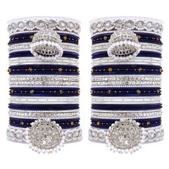 Blue color Bangles in Metal Alloy studded with CZ Diamond, Pearl & Silver Rodium Polish : 1875804