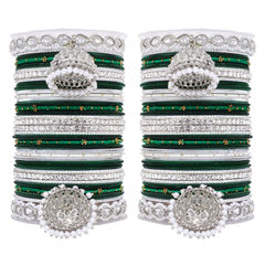 Green color Bangles in Metal Alloy studded with CZ Diamond, Pearl & Silver Rodium Polish : 1875806