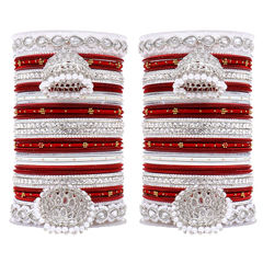 Red and Maroon color Bangles in Metal Alloy studded with CZ Diamond, Pearl & Silver Rodium Polish : 1875808