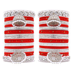 Red and Maroon color Bangles in Metal Alloy studded with CZ Diamond, Pearl & Silver Rodium Polish : 1875809