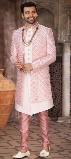 Beige and Brown, Pink and Majenta color IndoWestern Dress in Art Silk fabric with Embroidered, Sequence work