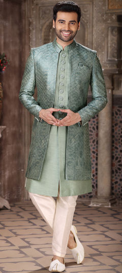 Green color IndoWestern Dress in Art Silk fabric with Embroidered, Thread work