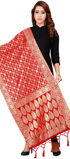 Red and Maroon color Dupatta in Banarasi Silk fabric with Weaving work