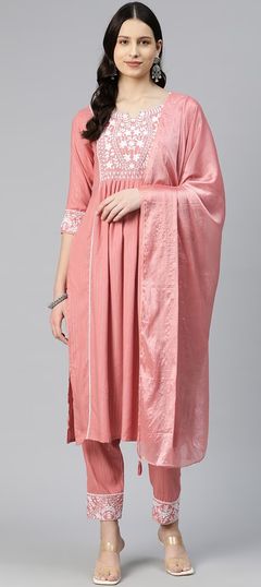 Pink and Majenta color Salwar Kameez in Rayon fabric with Embroidered, Resham, Thread work