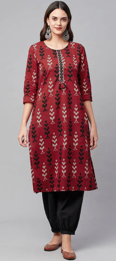 Red and Maroon color Salwar Kameez in Cotton fabric with Printed work