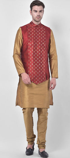 Gold color Kurta Pyjama with Jacket in Dupion Silk fabric with Thread work