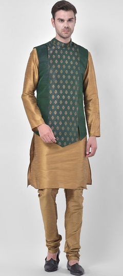 Gold color Kurta Pyjama with Jacket in Dupion Silk fabric with Thread work