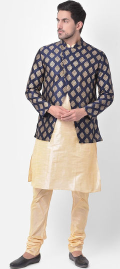 Beige and Brown color Kurta Pyjama with Jacket in Dupion Silk fabric with Thread work