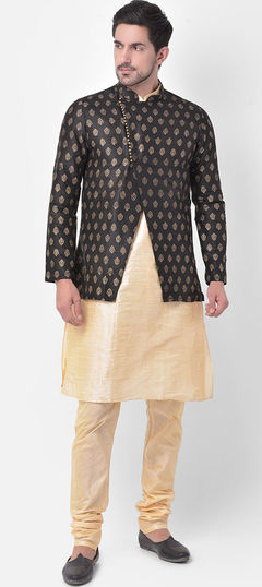 Beige and Brown color Kurta Pyjama with Jacket in Dupion Silk fabric with Thread work