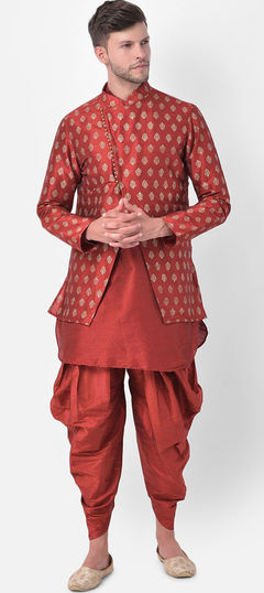 Red and Maroon color Dhoti Kurta in Dupion Silk fabric with Thread work