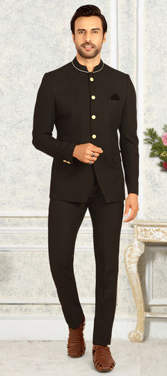 Black and Grey color Jodhpuri Suit in Rayon fabric with Thread work