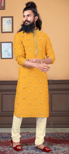 Yellow color Kurta Pyjamas in Cotton fabric with Embroidered, Thread work
