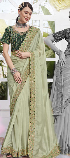 Engagement, Mehendi Sangeet, Traditional Green color Saree in Organza Silk, Silk fabric with South Embroidered, Resham, Thread, Zari work : 1876371