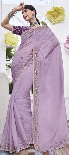 Engagement, Mehendi Sangeet, Traditional Purple and Violet color Saree in Organza Silk, Silk fabric with South Embroidered, Resham, Thread, Zari work : 1876372