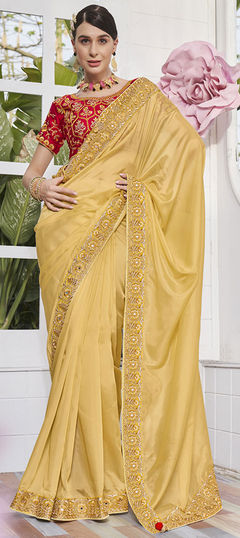 Beige and Brown color Saree in Organza Silk, Silk fabric with Embroidered, Resham, Thread, Zari work