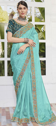 Green color Saree in Organza Silk, Silk fabric with Embroidered, Resham, Thread, Zari work