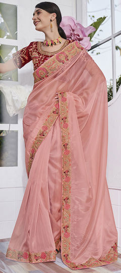 Engagement, Mehendi Sangeet, Traditional Pink and Majenta color Saree in Organza Silk, Silk fabric with South Embroidered, Resham, Thread, Zari work : 1876379