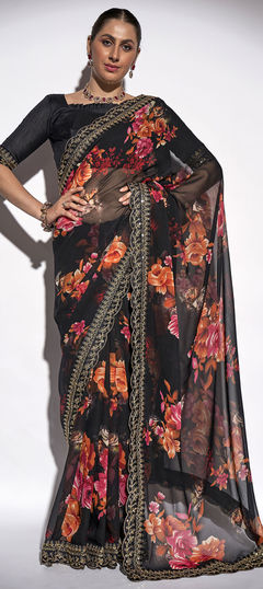 Black and Grey color Saree in Georgette fabric with Floral, Printed, Thread, Zari work